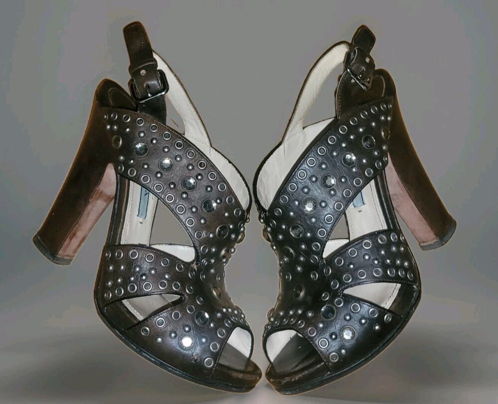 Prada Dark Chocolate Vitello Leather Sparkling Crystal Inlay Studded Peep Toe